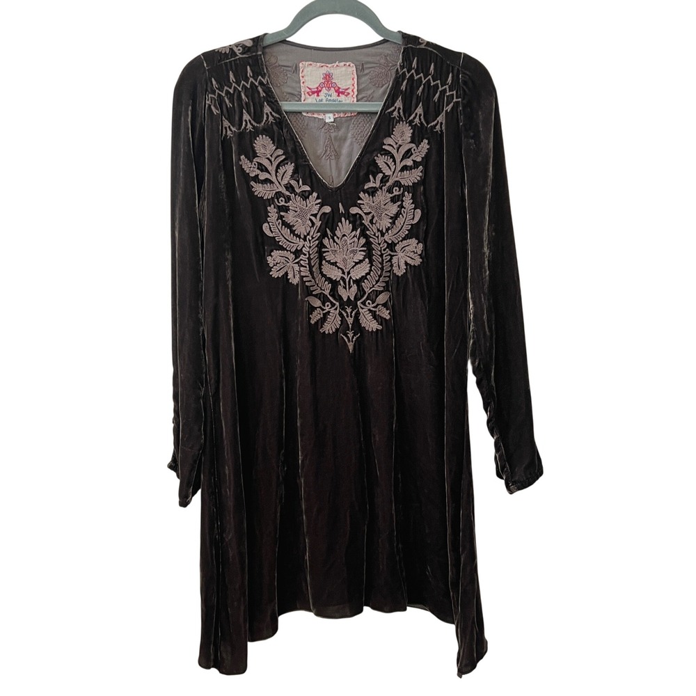 JW Los Angeles Johnny Was‎ Velvet Tunic Dress Embroidered V-Neck Silk Blend